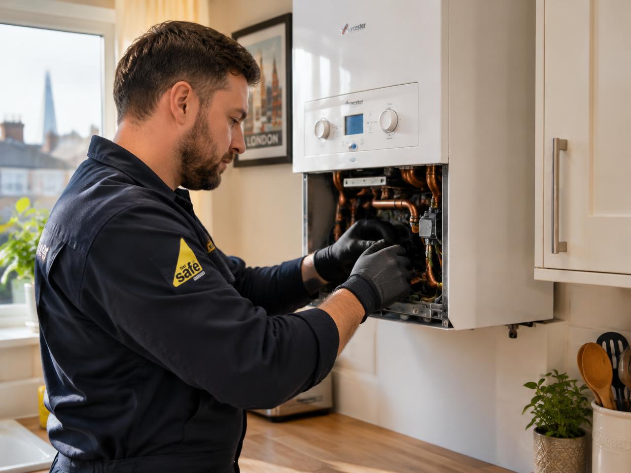 Engineer repairing a combi boiler in a London kitchen